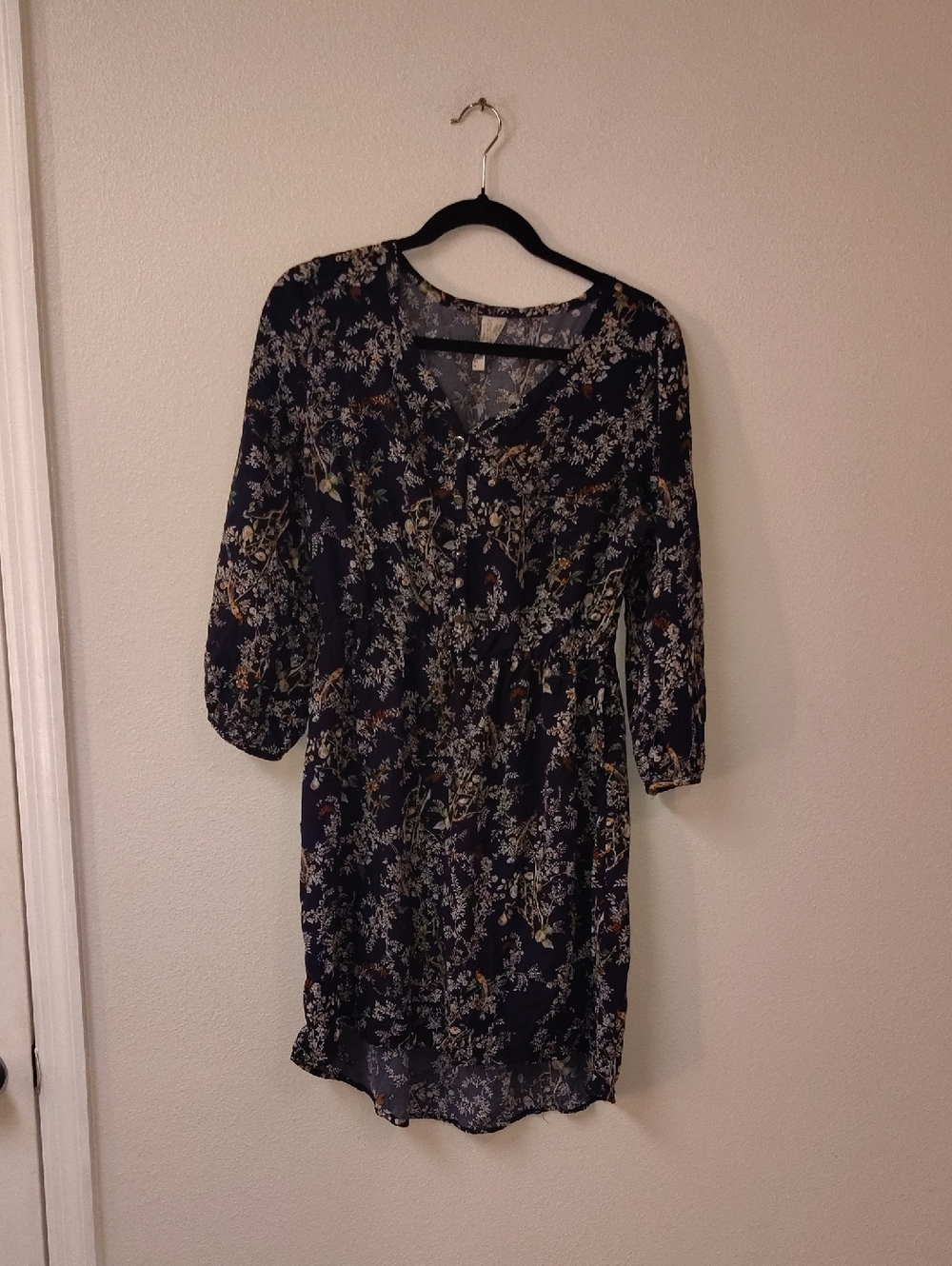 Pink Owl Navy Blue Floral Bird Print V-Neck Elastic Waist Mini Dress Large